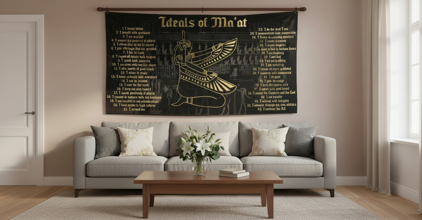 Ma'at Tapestry: Egyptian Decor, 42 Laws, Golden Black Wall Hanging